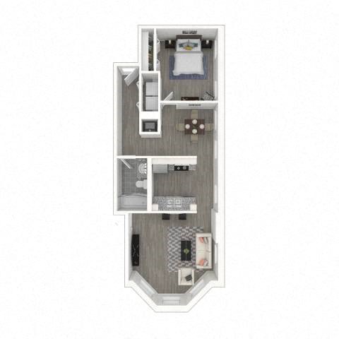 Floor plan for 1 bed, 1 bath, 634 sqft